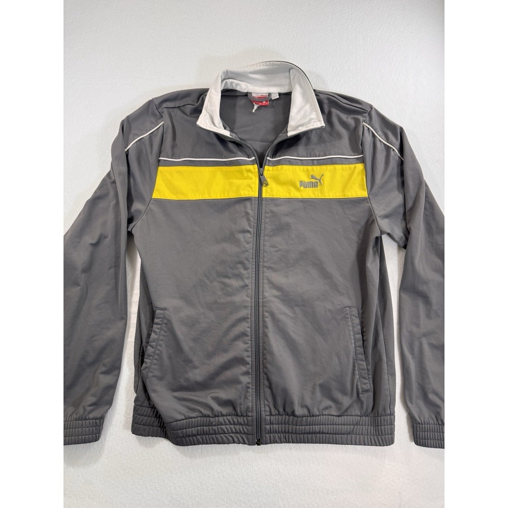PUMA Sport Lifestyle Mens Track Jacket Gray Yellow Stripe Mock Neck Full Zip EUC